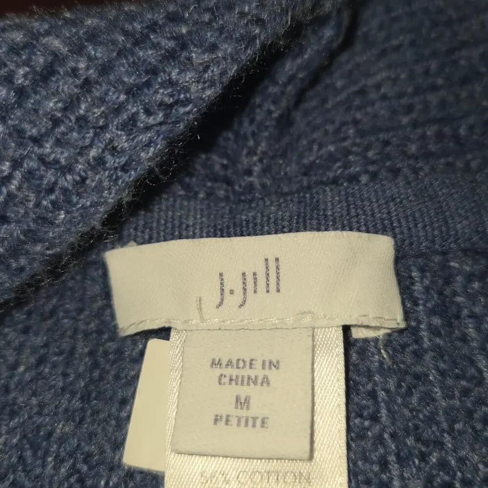 J Jill M Petite Open Front Cable Knit Cardigan Sweater Blue Chunky Knit‎ Classic